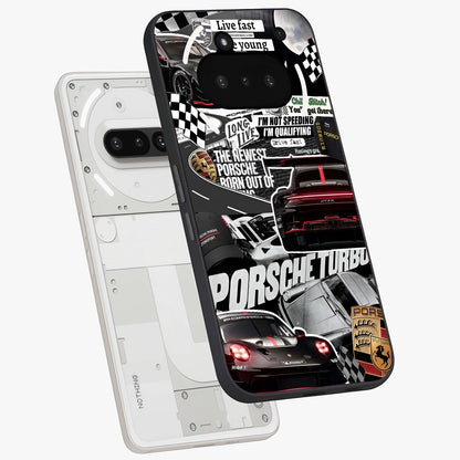 Porsche Racing Collage Glass Case displayed in angled mockup highlighting dynamic automotive design with bold racing aesthetic.