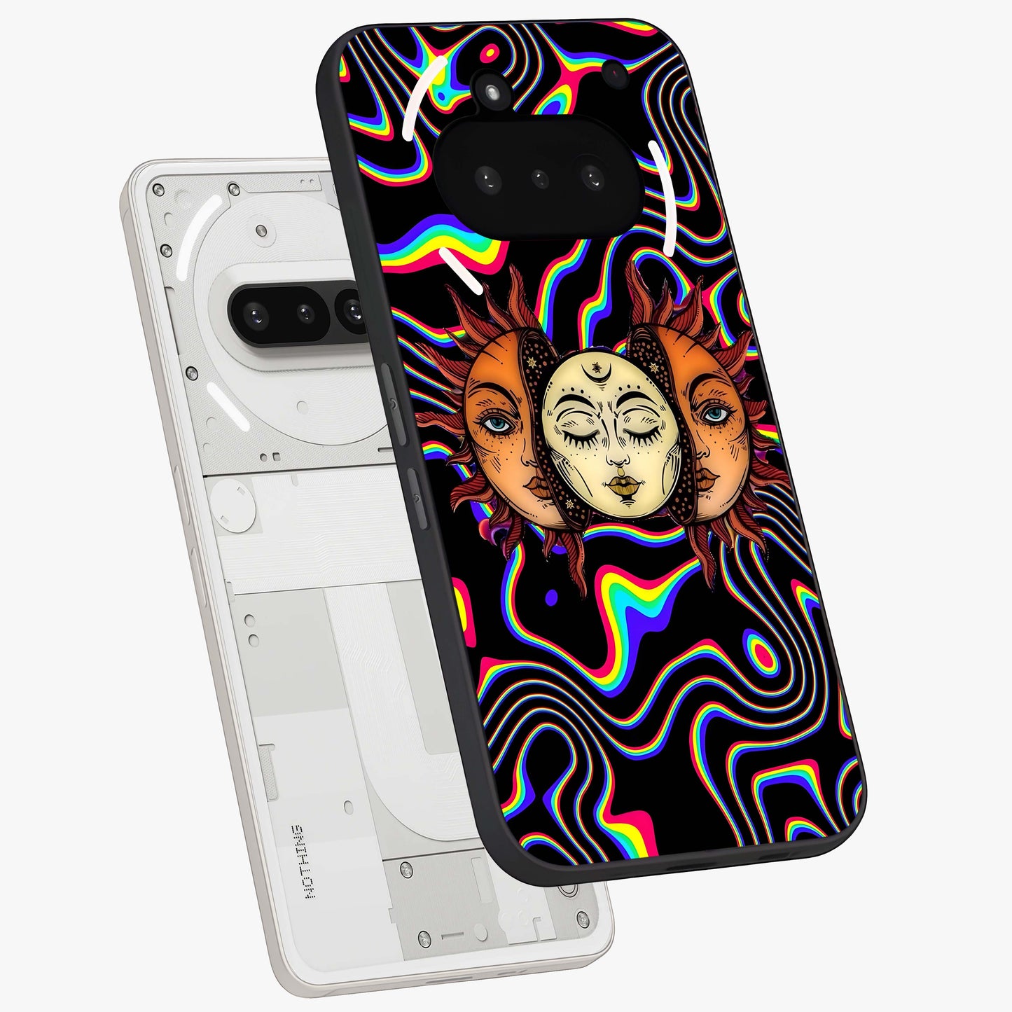 Psychedelic Sun Glass Case displayed in angled mockup highlighting vibrant abstract sun design with artistic aesthetic style.