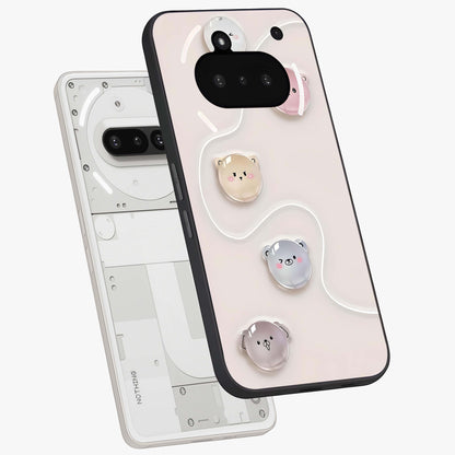 Puffy Face Parade Glass Case displayed in angled mockup highlighting playful cartoon face design with fun aesthetic.