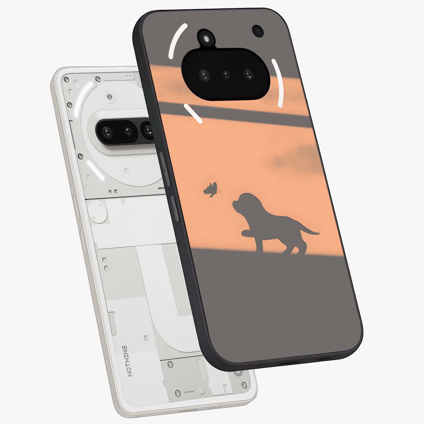 Puppy Shadow Art Glass Case displayed in angled mockup highlighting playful dog illustration with artistic shadow aesthetic.