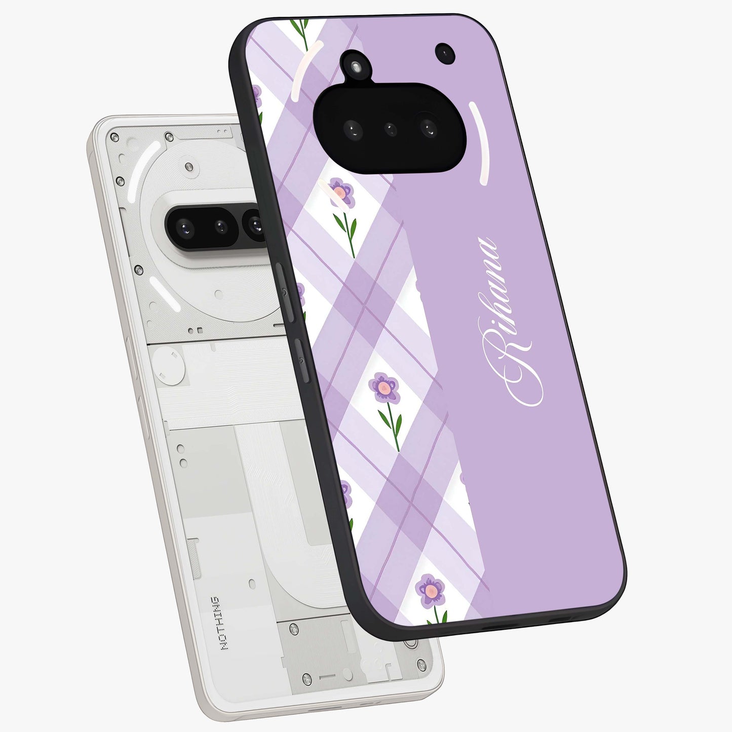 Purple Diamond Floral Glass Case displayed in angled mockup highlighting elegant purple flower design with decorative pattern.