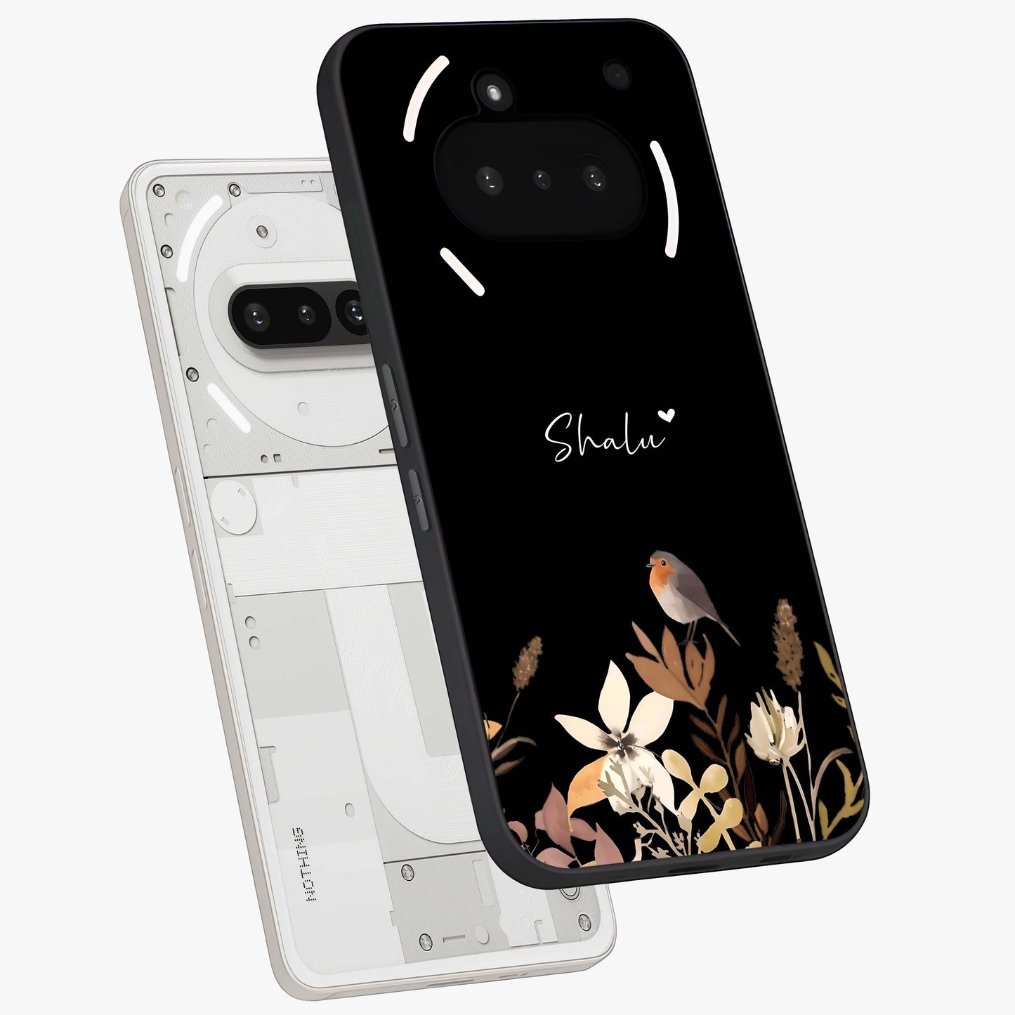 Quiet Garden Tune Custom Name Glass Case displayed in angled mockup highlighting delicate floral garden design with custom name feature.