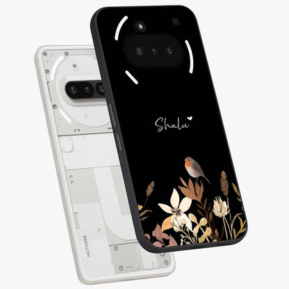 Quiet Garden Tune Custom Name Glass Case displayed in angled mockup highlighting delicate floral garden design with custom name feature.
