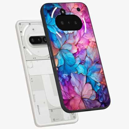 Radiant Floral Whirl Glass Case displayed in angled mockup highlighting vibrant flower pattern with dynamic artistic aesthetic.