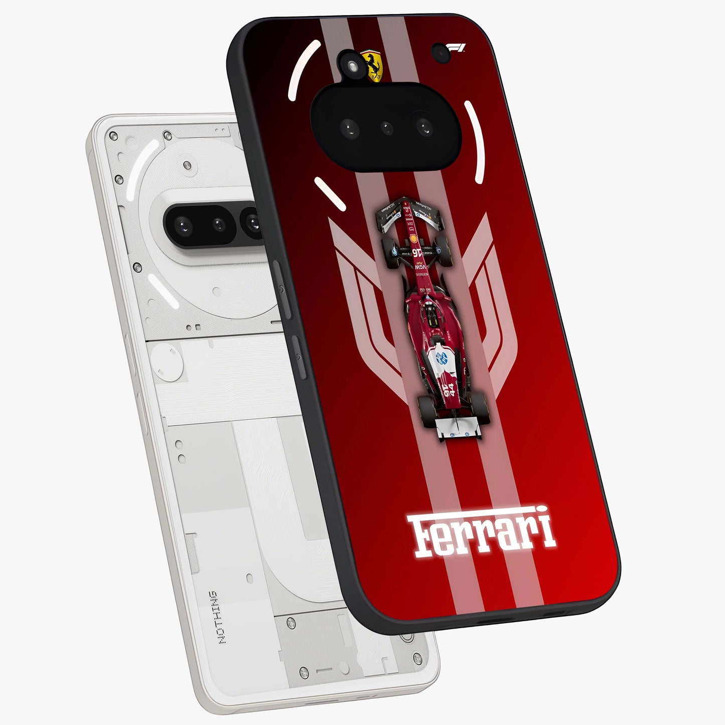Red Ferrari F1 Vertical Glass Case displayed in angled mockup highlighting high speed racing design with bold automotive aesthetic.