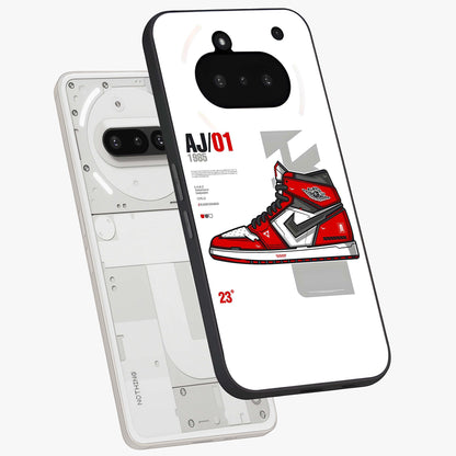 Retro Sneaker Blueprint Glass Case displayed in angled mockup highlighting detailed shoe design with sporty retro aesthetic.