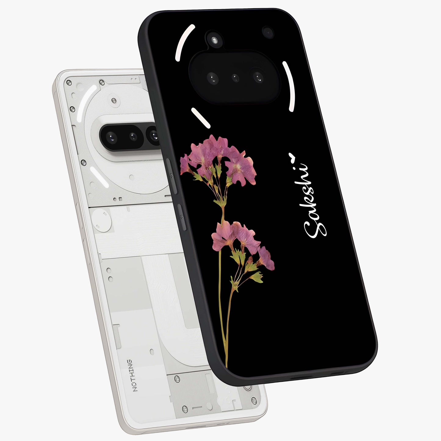 Riching Lavender Flower Custom Name Glass Case displayed in angled mockup highlighting delicate lavender flower design with custom name feature.