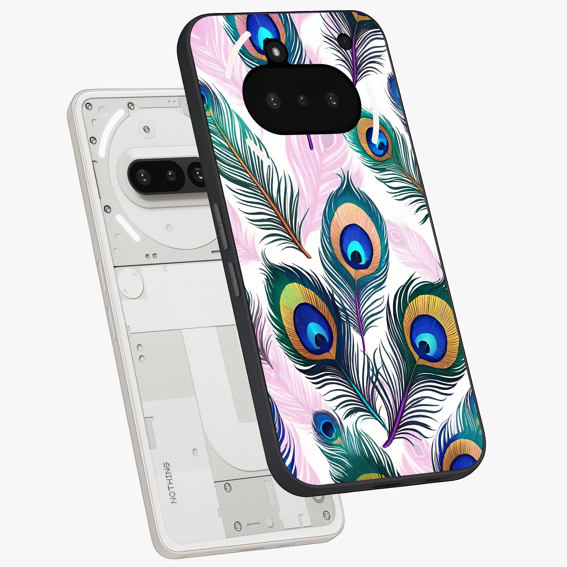 Royal Peacock Feathers Glass Case displayed in angled mockup highlighting vibrant feather pattern with regal aesthetic style.