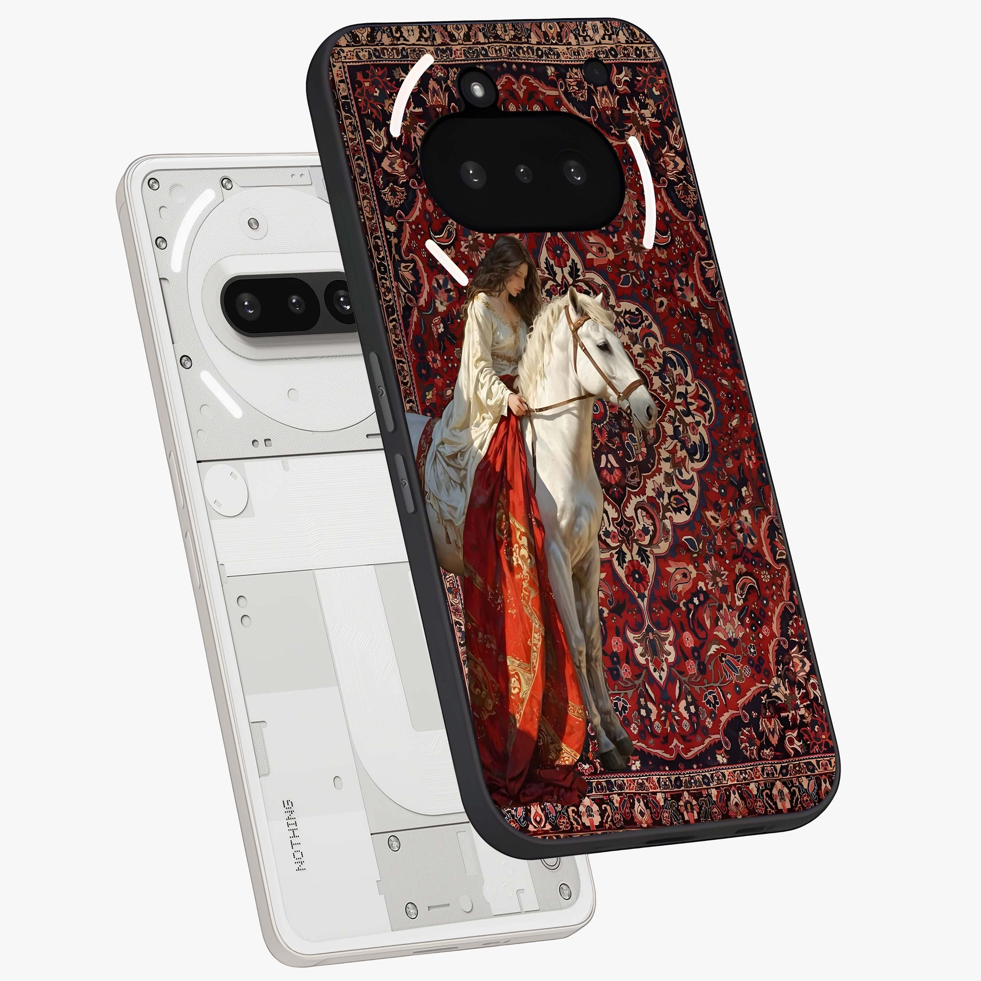 Royal Rider Tapestry Glass Case displayed in angled mockup highlighting traditional tapestry design with royal heritage aesthetic.
