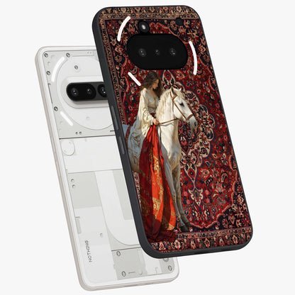 Royal Rider Tapestry Glass Case displayed in angled mockup highlighting traditional tapestry design with royal heritage aesthetic.