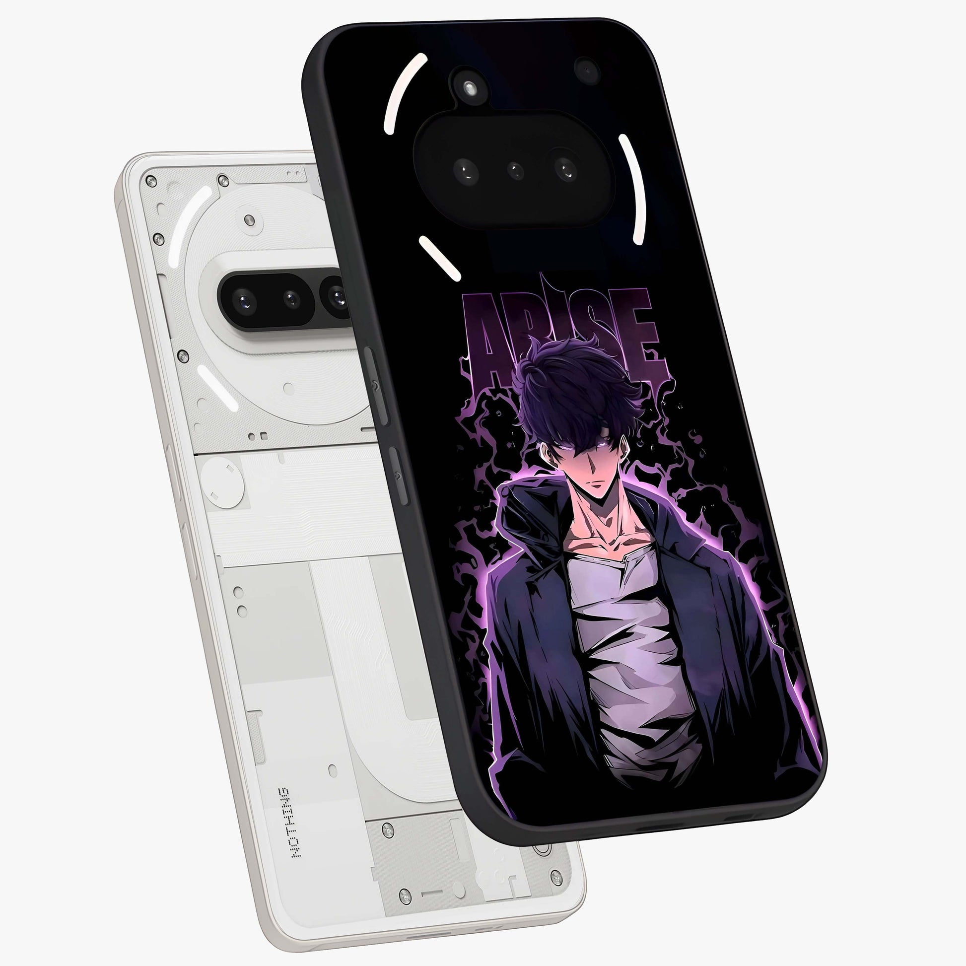 Shadow Monarch Awakening Glass Case displayed in angled mockup highlighting dramatic shadow warrior design with fantasy aesthetic.
