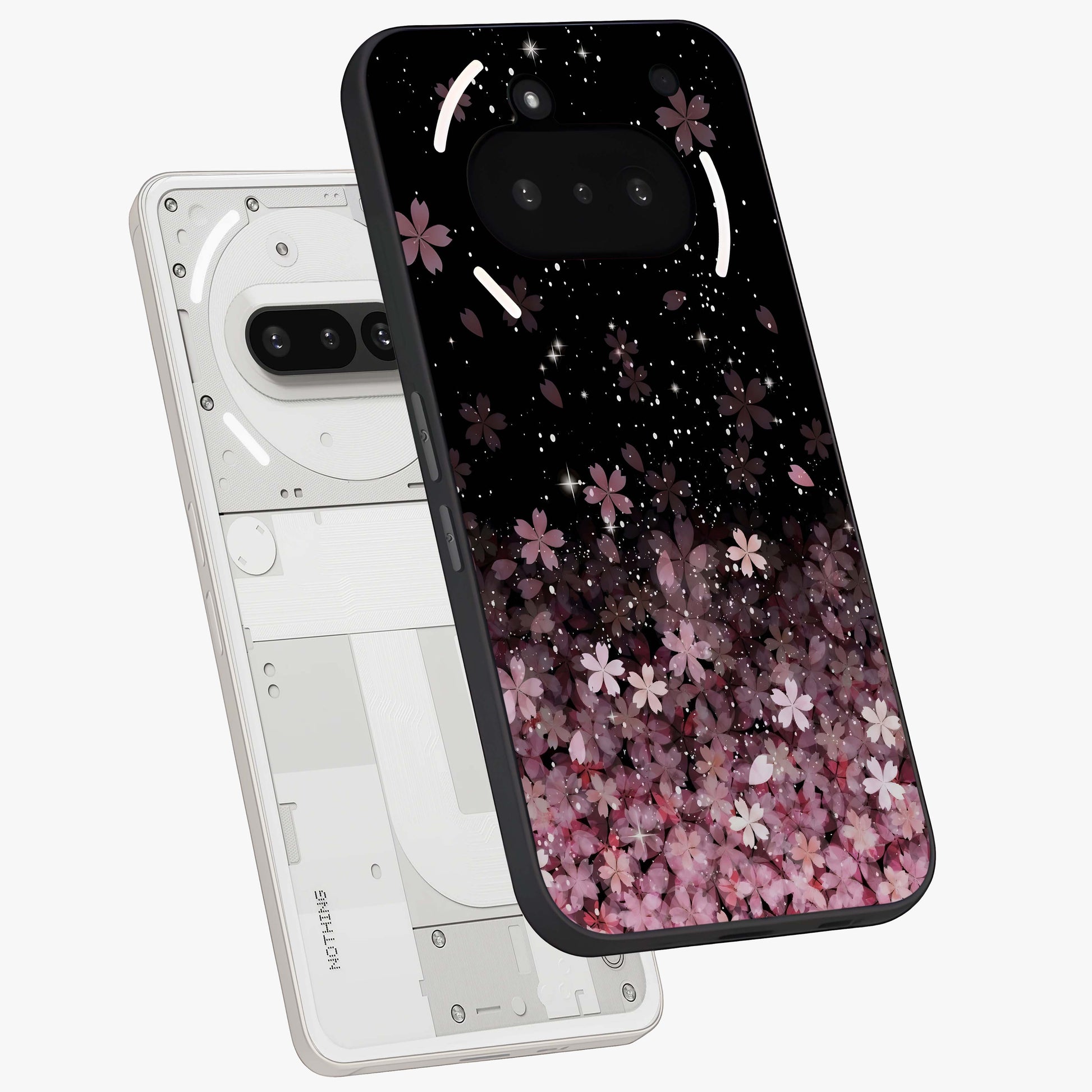 Small Starry Flowers Glass Case displayed in angled mockup highlighting tiny flower pattern with celestial aesthetic style.