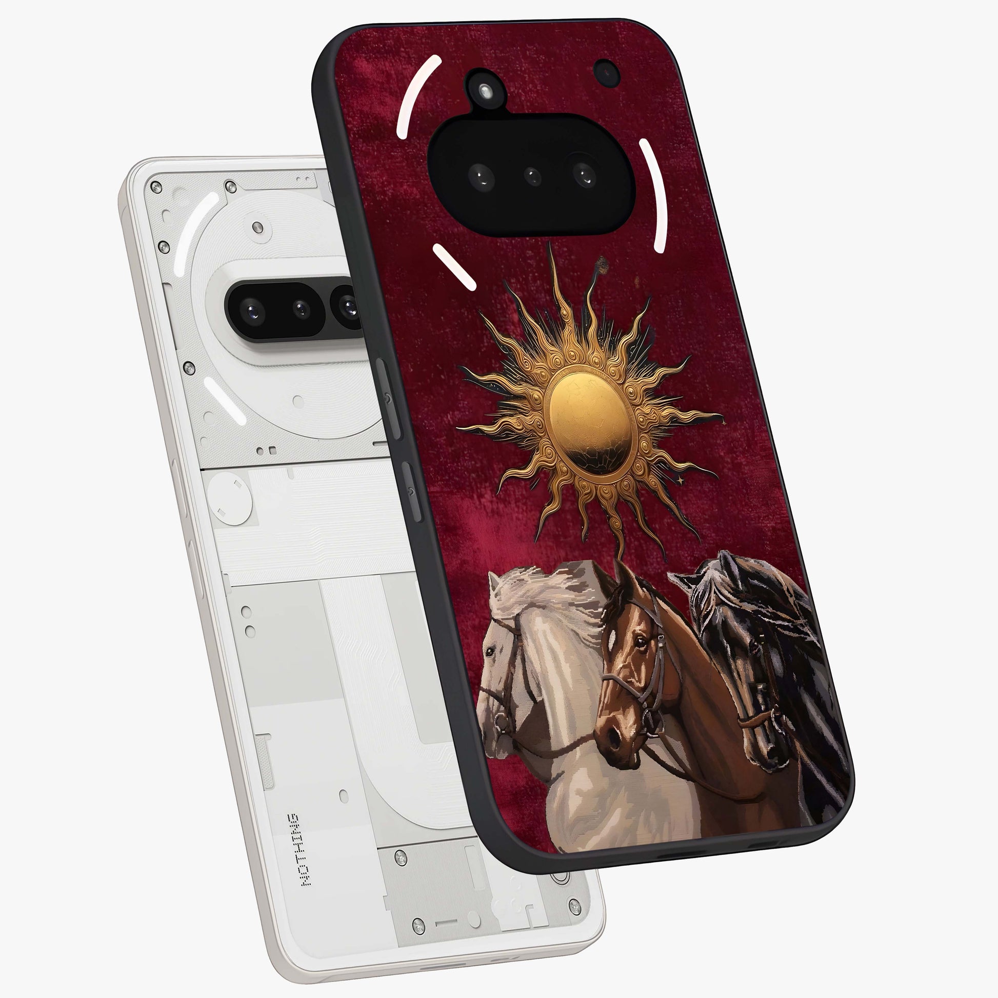Solar Riders Glass Case displayed in angled mockup highlighting powerful rider illustration with radiant solar aesthetic.