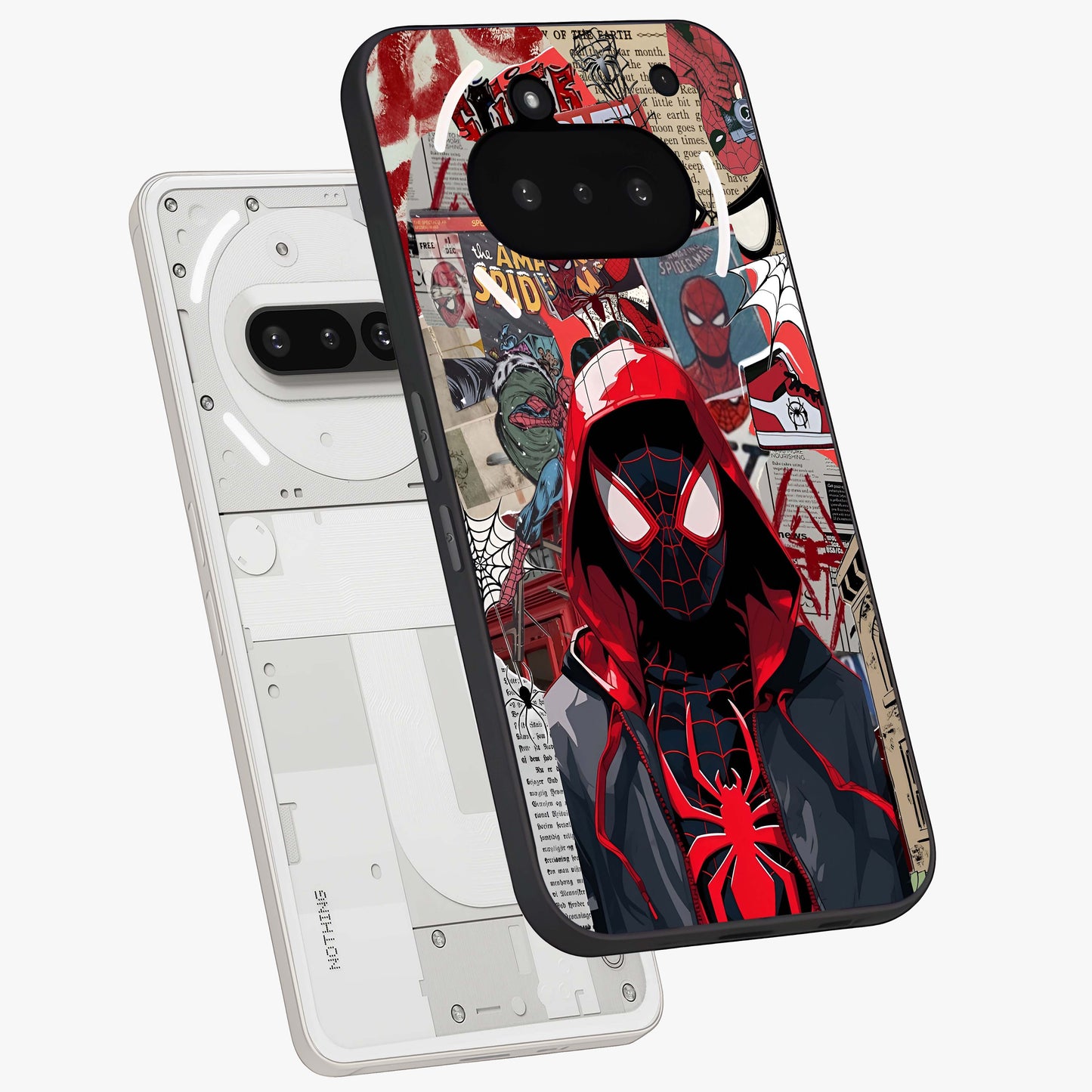 Spider Collage Street Glass Case displayed in angled mockup highlighting dynamic street style collage design with comic aesthetic.