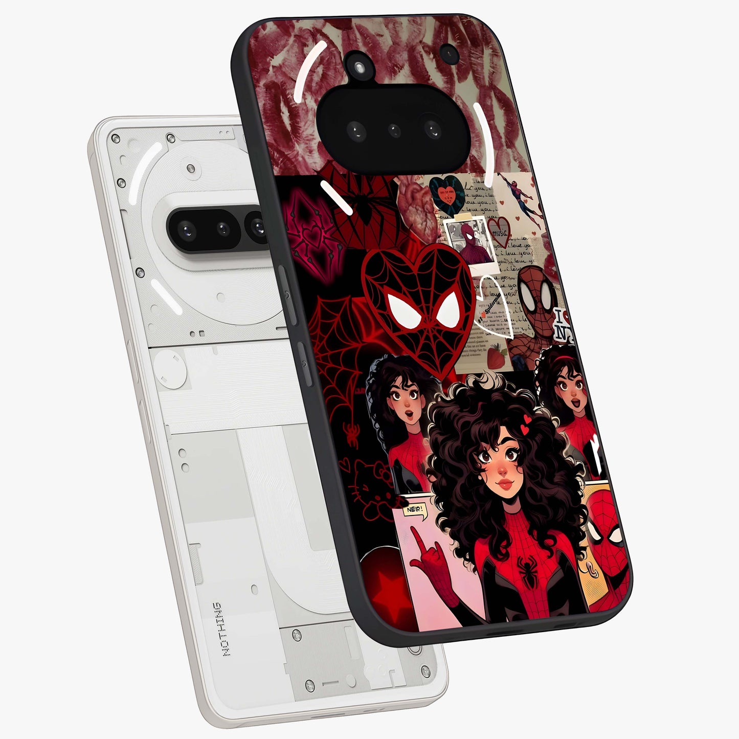 Spider Love Story Glass Case displayed in angled mockup highlighting expressive comic inspired design with playful aesthetic.