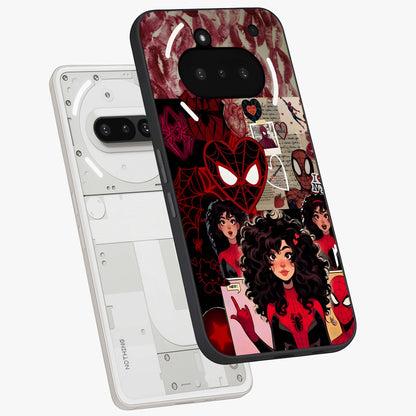 Spider Love Story Glass Case displayed in angled mockup highlighting expressive comic inspired design with playful aesthetic.