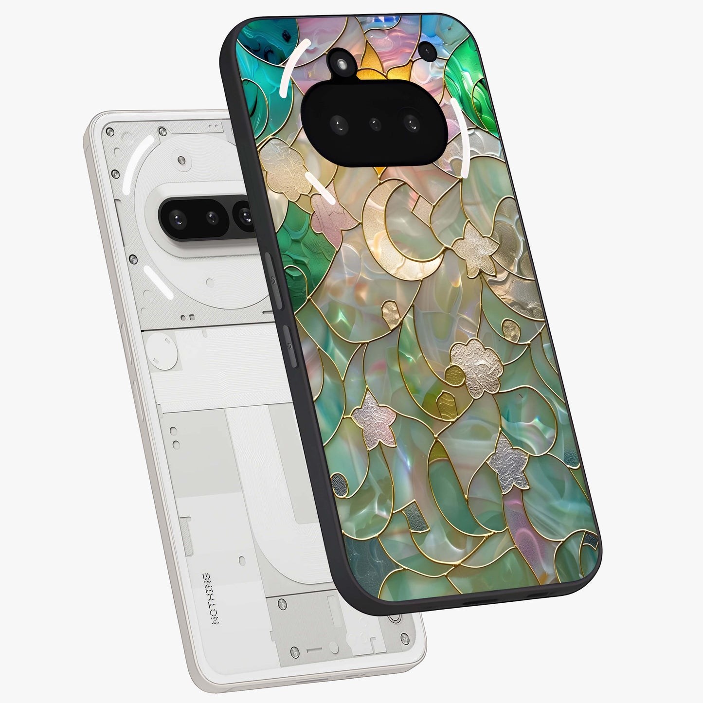 Stained Sunrise Glow Glass Case displayed in angled mockup highlighting radiant sunrise design with artistic aesthetic style.