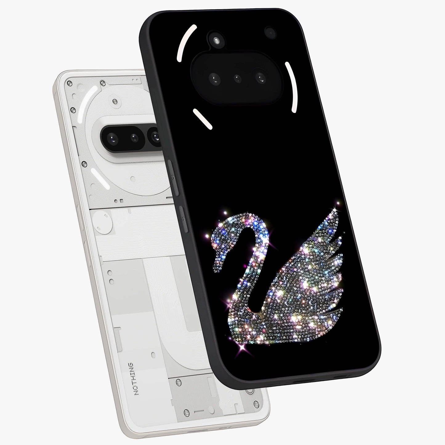 Starlit Swan Grace Glass Case displayed in angled mockup highlighting elegant swan illustration with dreamy celestial aesthetic.