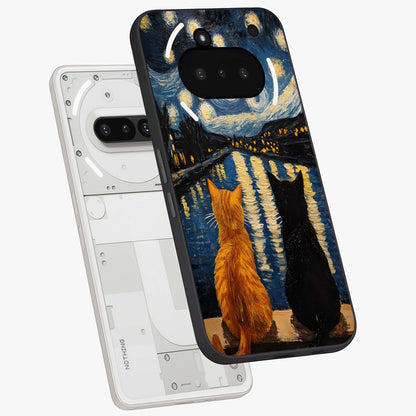 Starry River Cats Glass Case displayed in angled mockup highlighting charming feline illustration with dreamy night aesthetic.