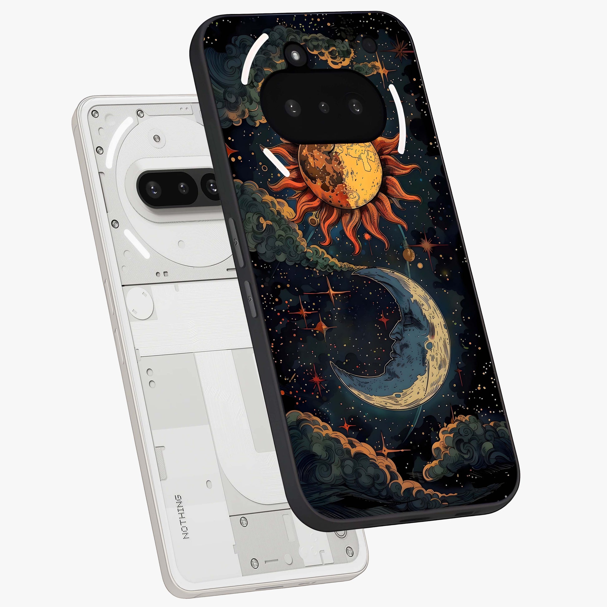 Sun And Moon Magic Design Glass Case displayed in angled mockup highlighting celestial design with magical cosmic aesthetic.