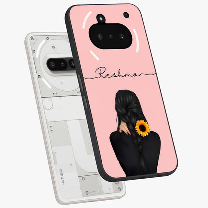 Sunflower Braid Beauty With Custom Name Glass Case displayed in angled mockup highlighting elegant sunflower design with custom name feature.