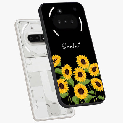 Sunflower Chic Mood Custom Name Glass Case displayed in angled mockup highlighting vibrant sunflower design with custom name feature.