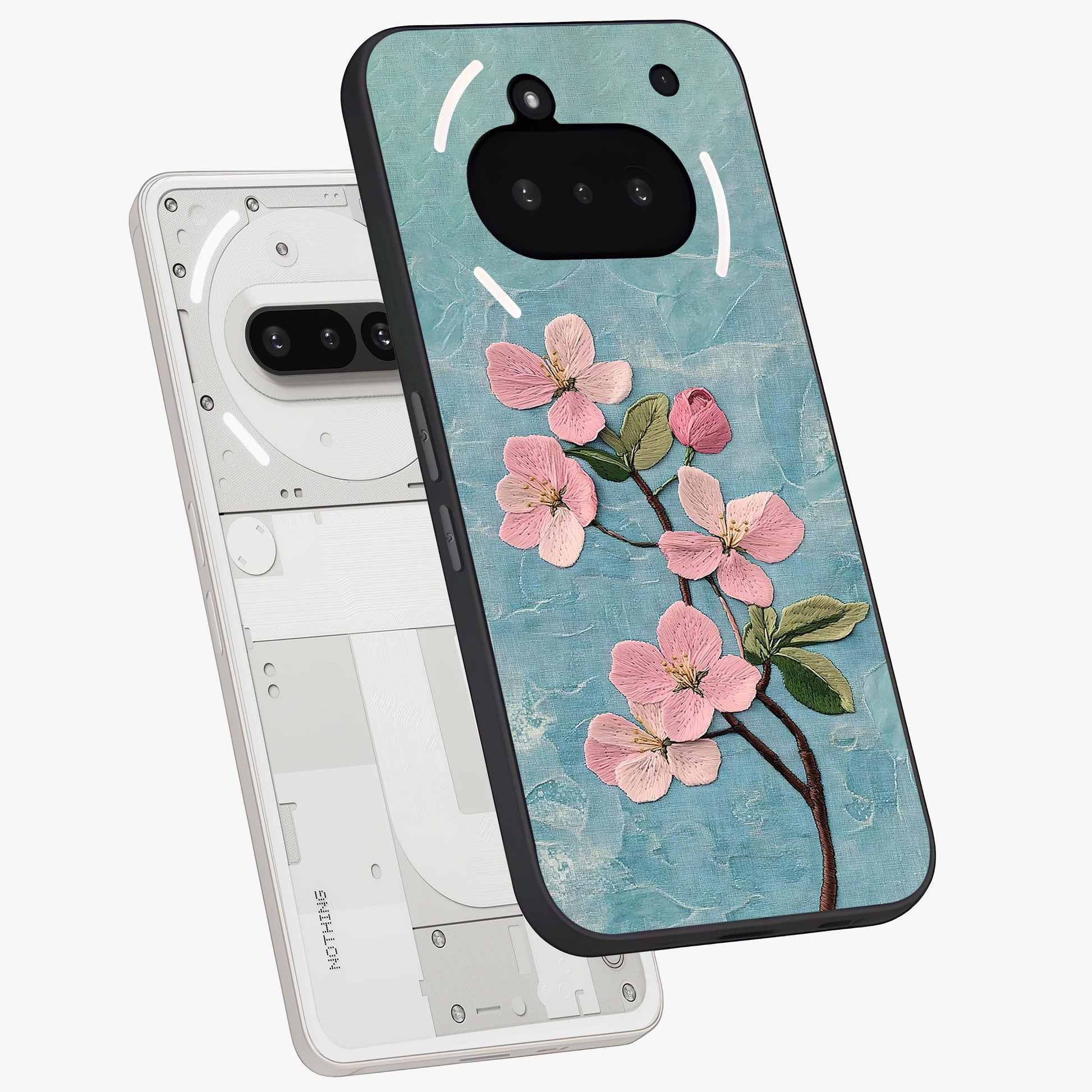 Threaded Blossom Breeze Glass Case displayed in angled mockup highlighting elegant floral design with soft aesthetic style.