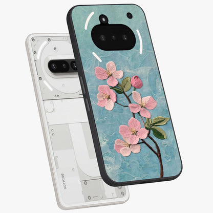 Threaded Blossom Breeze Glass Case displayed in angled mockup highlighting elegant floral design with soft aesthetic style.