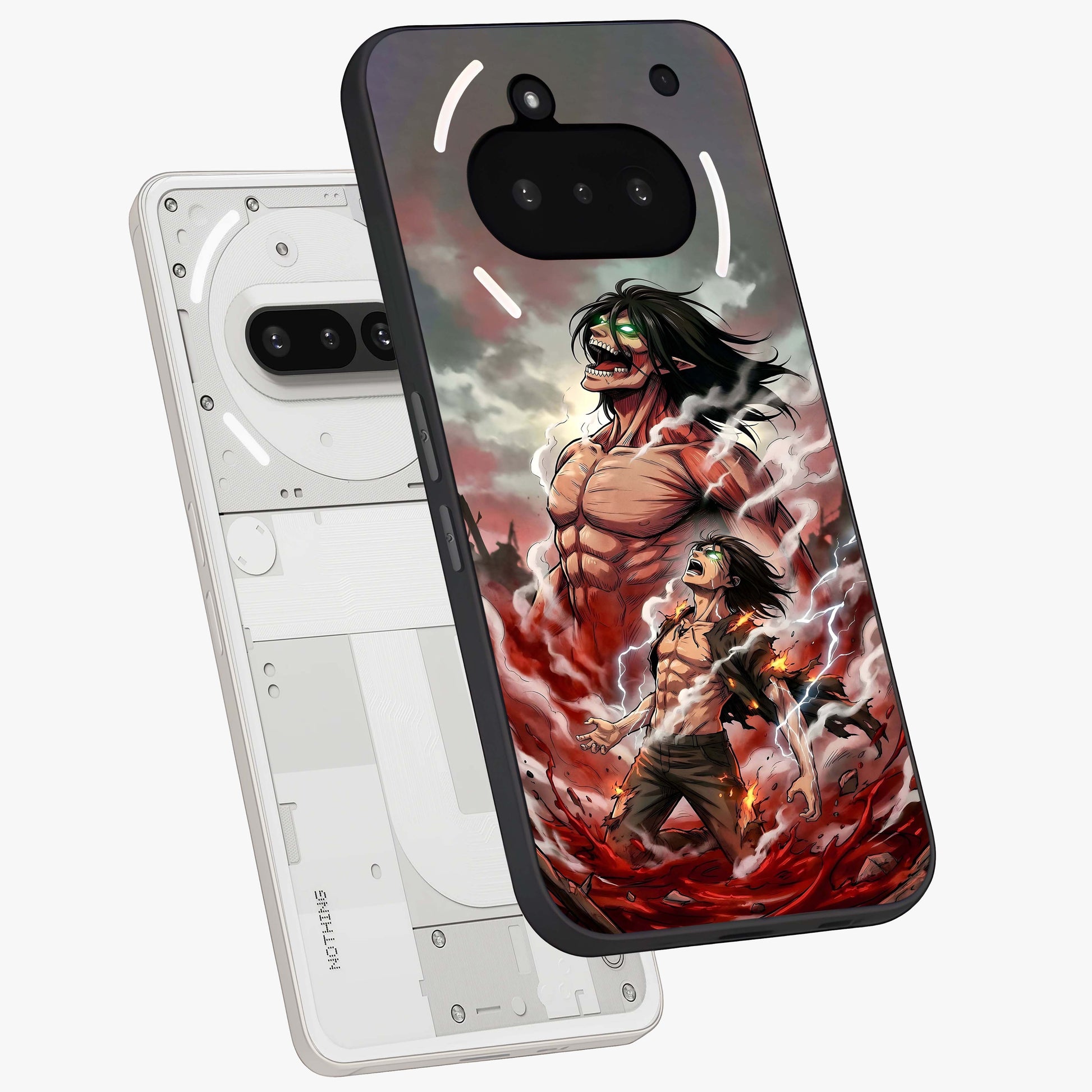 Titan Awakening Fury Glass Case displayed in angled mockup highlighting dramatic giant warrior design with bold anime aesthetic.