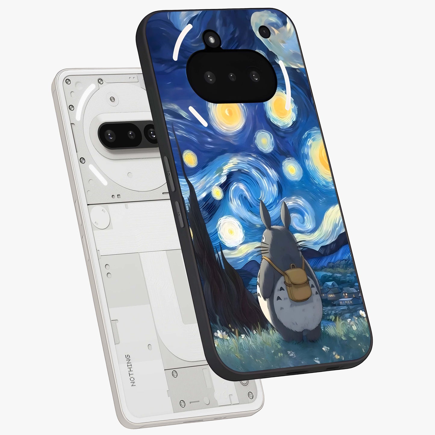 Totoro In Van Gogh Art Glass Case displayed in angled mockup highlighting artistic swirling sky design with playful animation aesthetic.