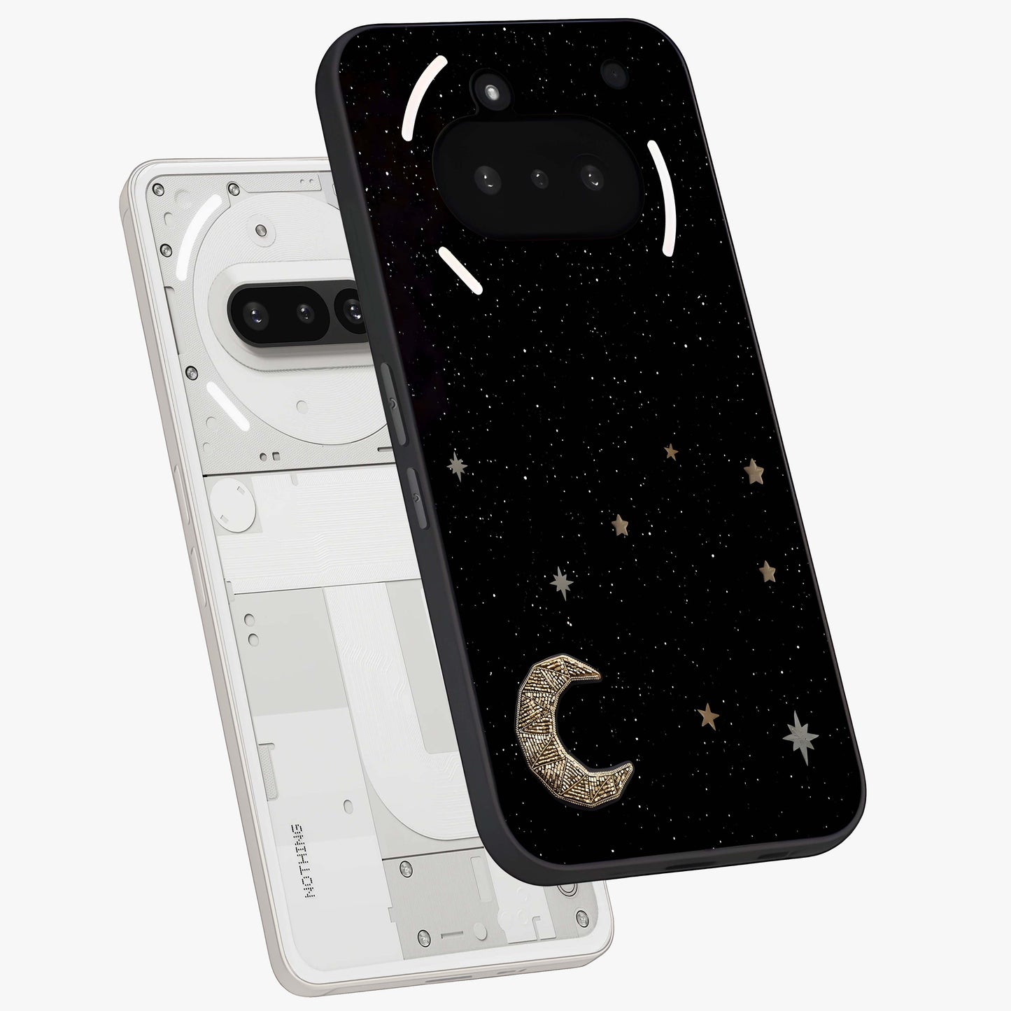 Twinkle Star With Half Moon Glass Case displayed in angled mockup highlighting celestial moon and star design with magical aesthetic.