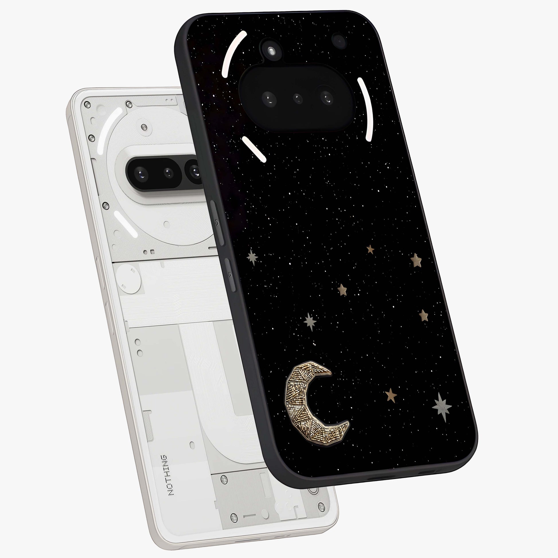 Twinkle Star With Half Moon Glass Case displayed in angled mockup highlighting celestial moon and star design with magical aesthetic.