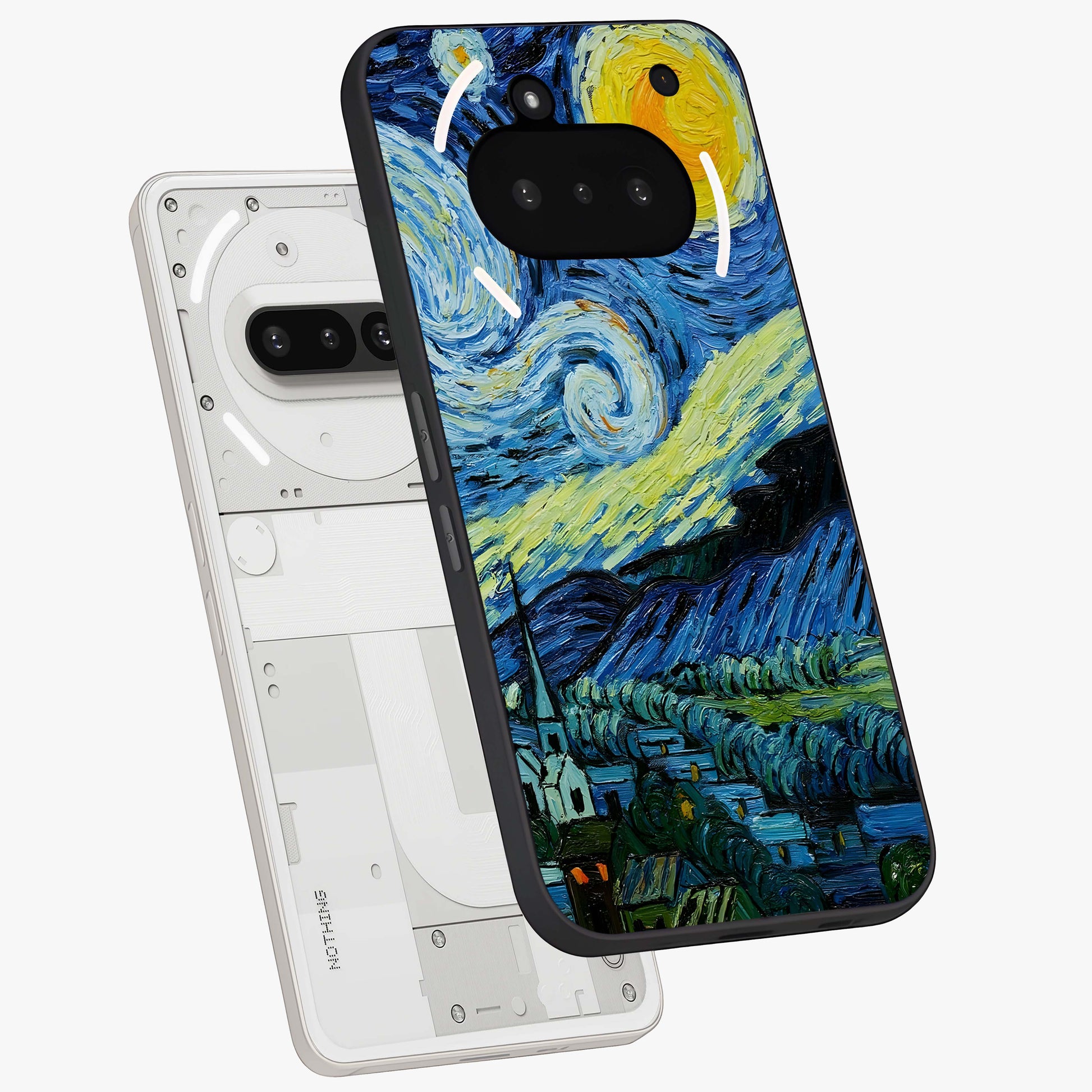 Van Gogh Art Glass Case displayed in angled mockup highlighting swirling brushstroke design with artistic aesthetic.