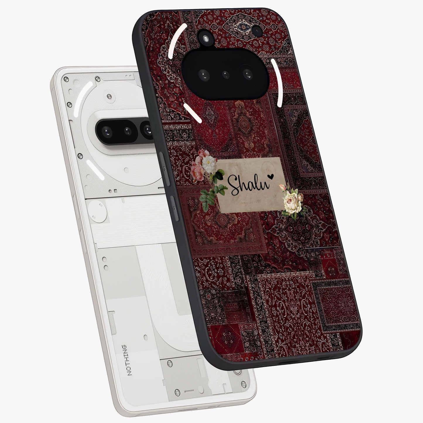 Velvet Wine Pattern Custom Name Glass Case displayed in angled mockup highlighting decorative velvet inspired design with custom name feature.
