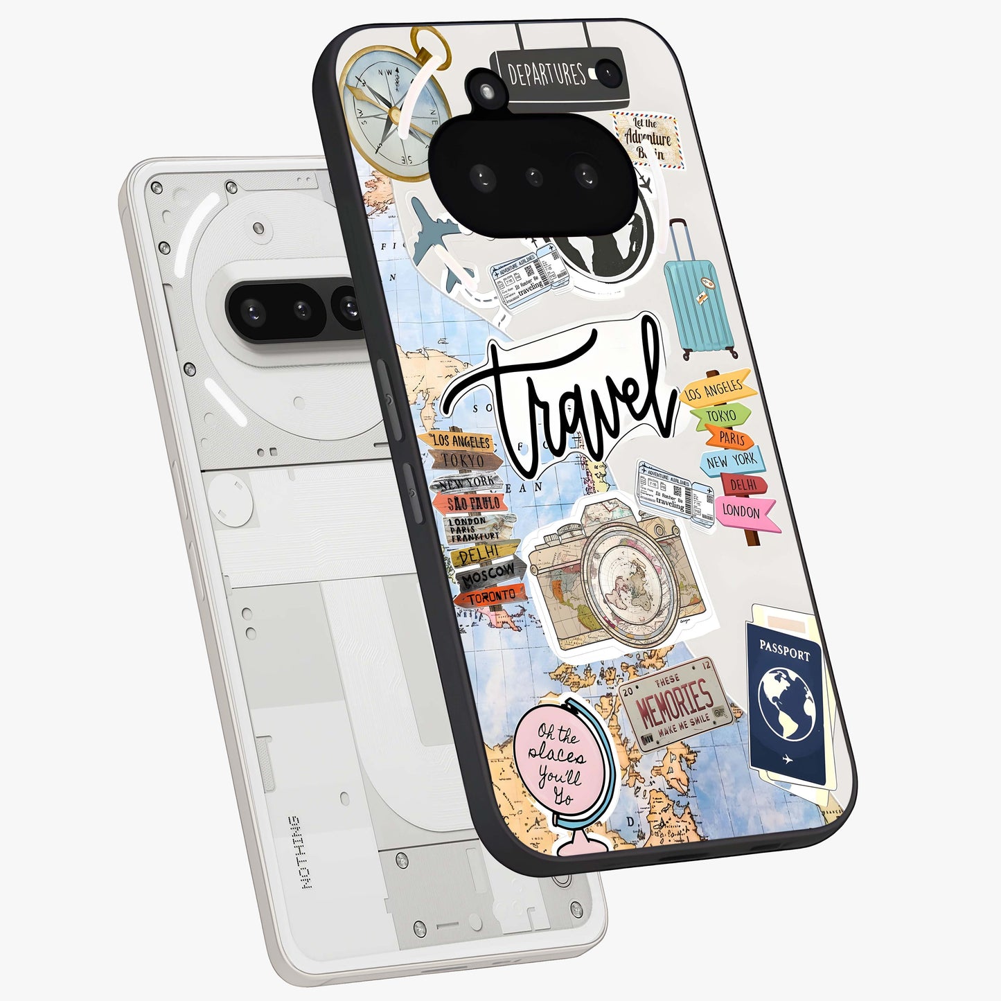 Wanderlust Journal Glass Case displayed in angled mockup highlighting adventure themed design with aesthetic travel vibe.