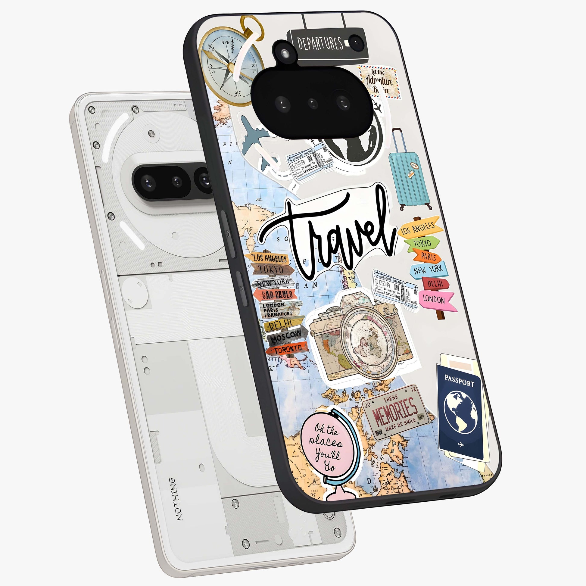 Wanderlust Journal Glass Case displayed in angled mockup highlighting adventure themed design with aesthetic travel vibe.