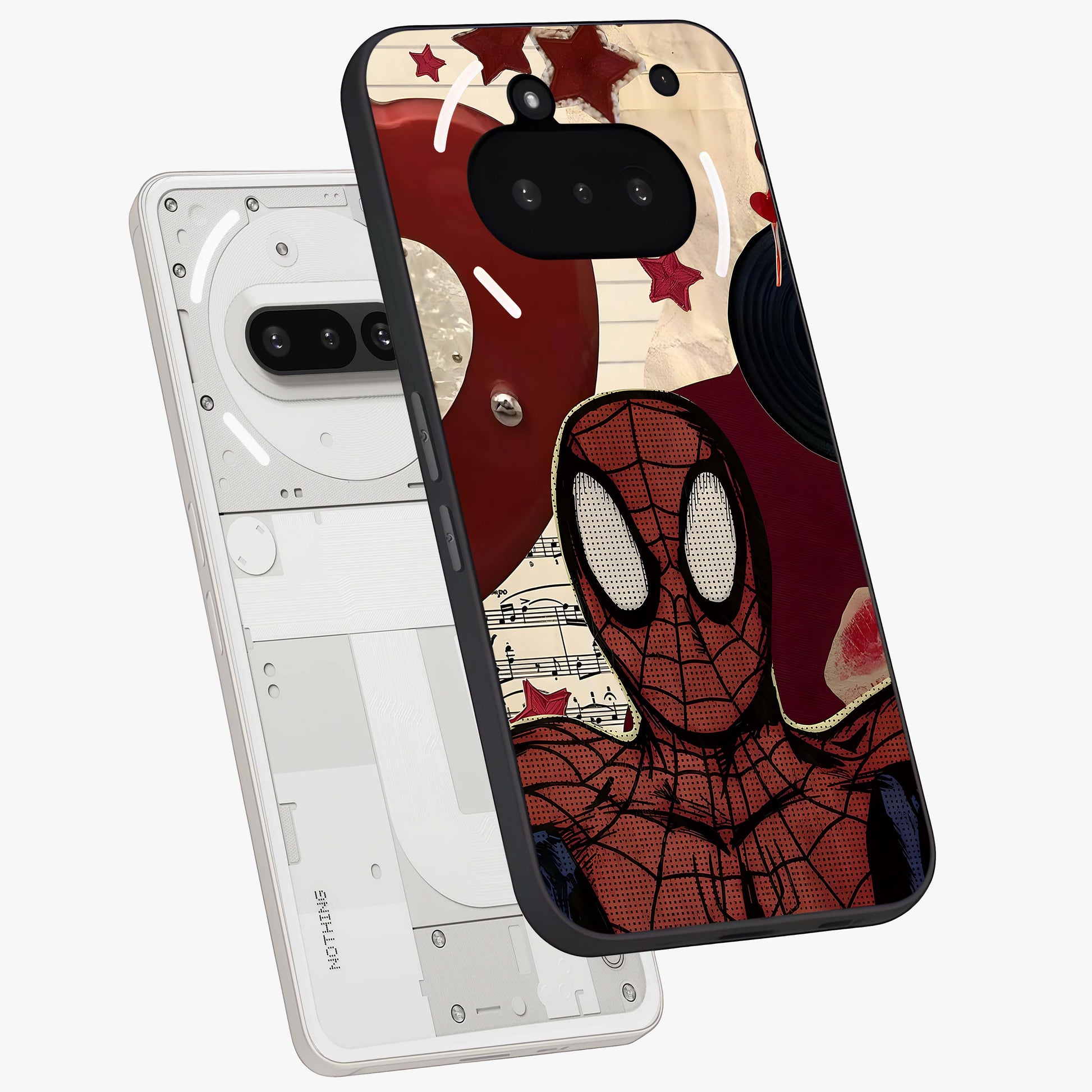 Web Warrior Vibes Glass Case displayed in angled mockup highlighting dynamic web design with comic style aesthetic.