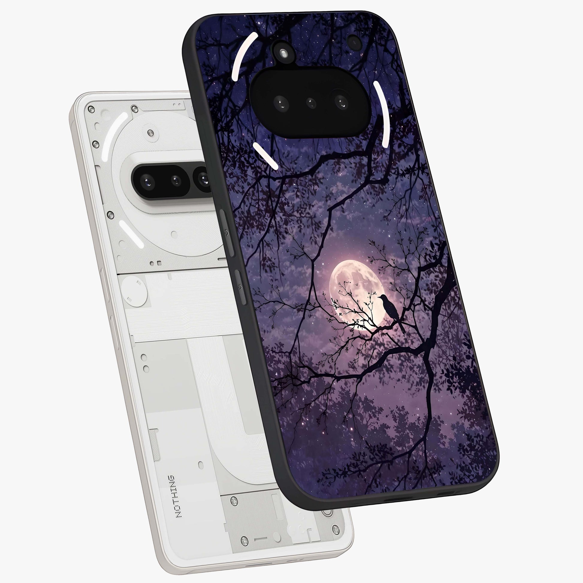 Whispering Moon Silence Glass Case displayed in angled mockup highlighting calm lunar design with dreamy night aesthetic.