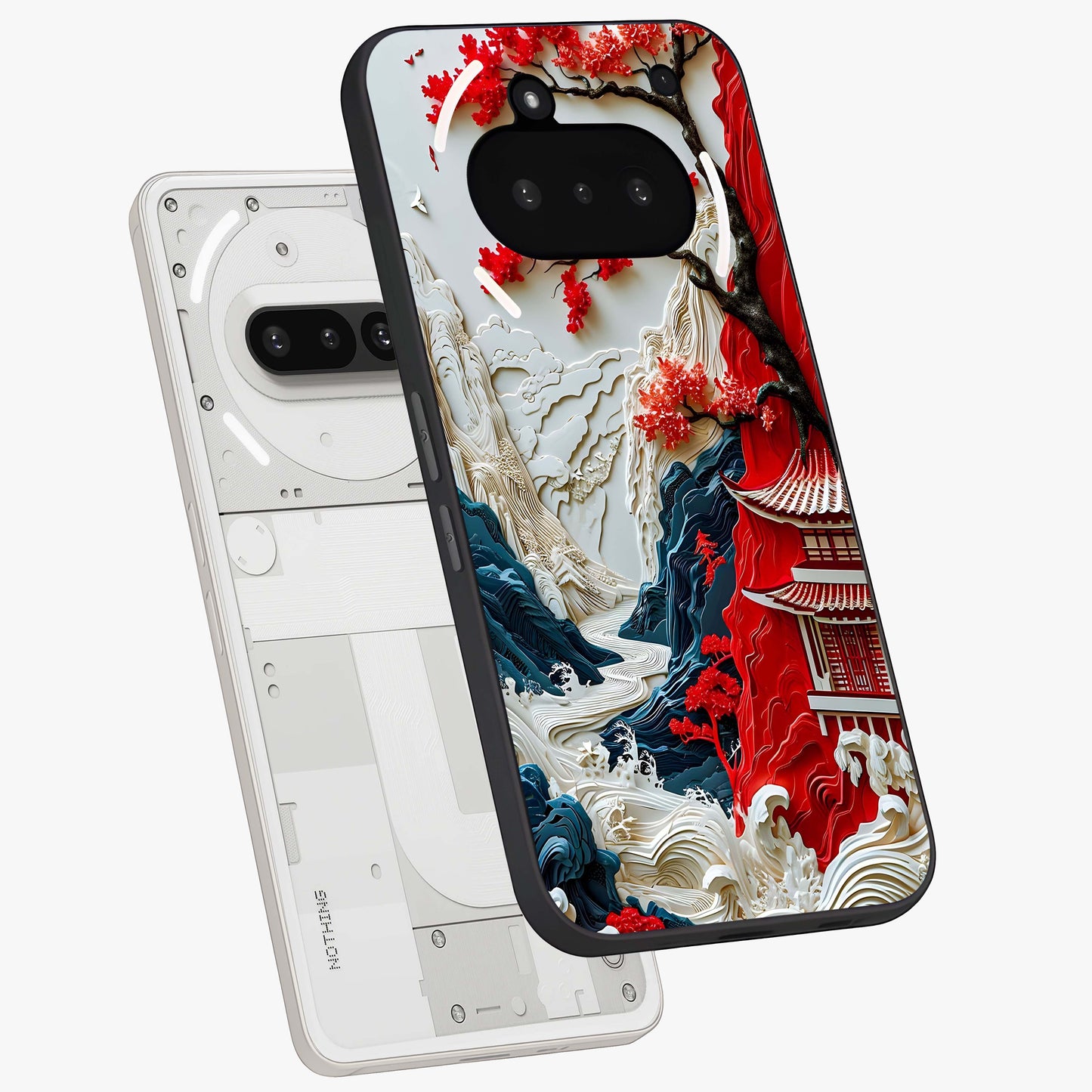 Whispers Of Sakura Waves Glass Case displayed in angled mockup highlighting flowing sakura design with soft floral aesthetic.