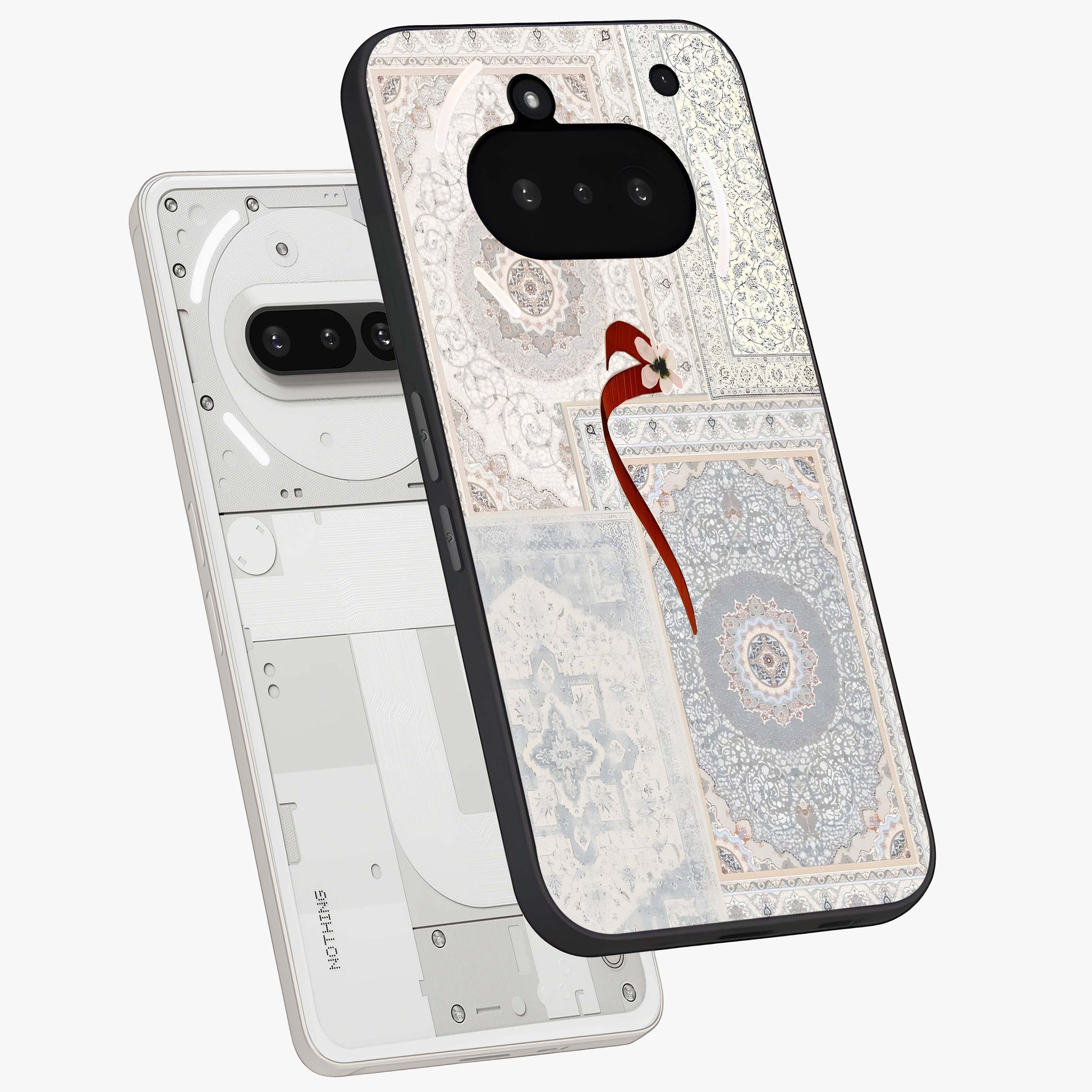White Aesthetic Bow Glass Case displayed in angled mockup highlighting clean bow design with soft aesthetic style.