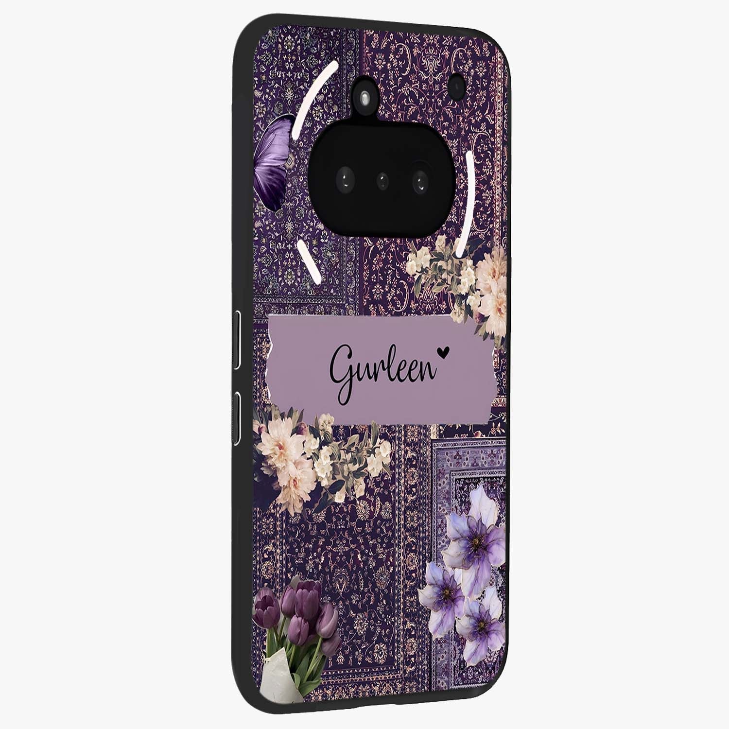 Antique Floral Whisper Custom Name Glass Case upright view showcasing delicate floral artwork with custom name feature.