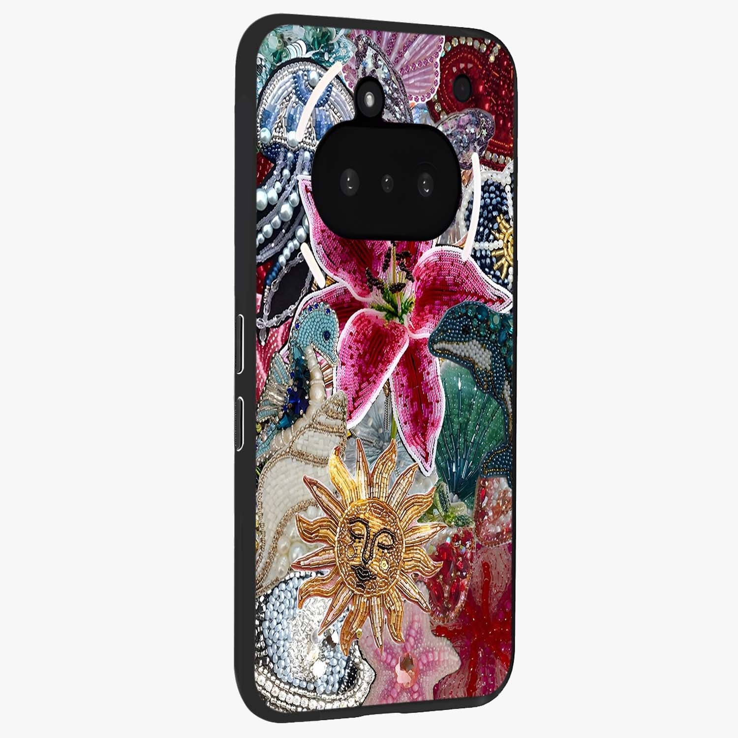 Beaded Garden Fantasy Glass Case upright view showcasing whimsical garden aesthetic with artistic bead details.