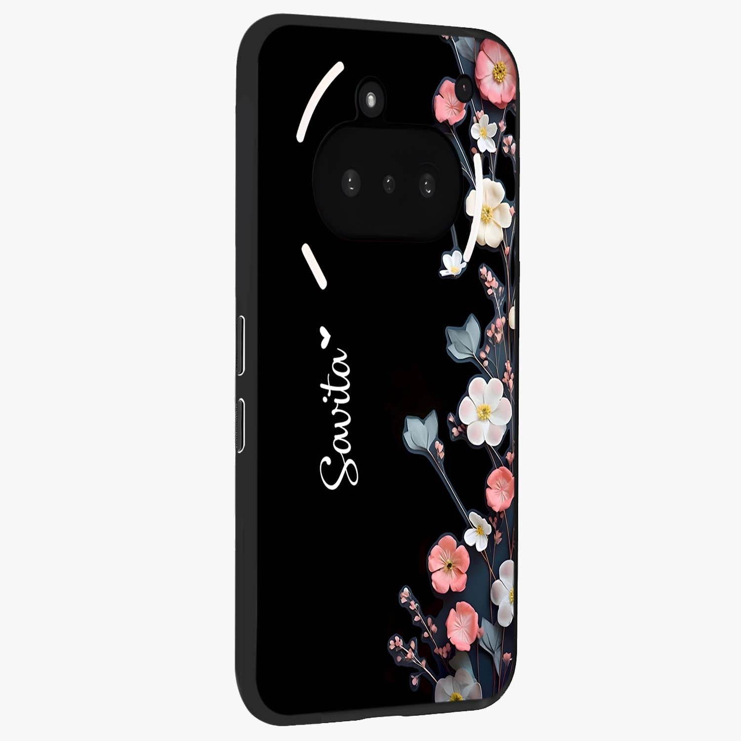 Black Elegance Floral Custom Name Glass Case upright view showcasing luxurious black floral design with personalized name detail.