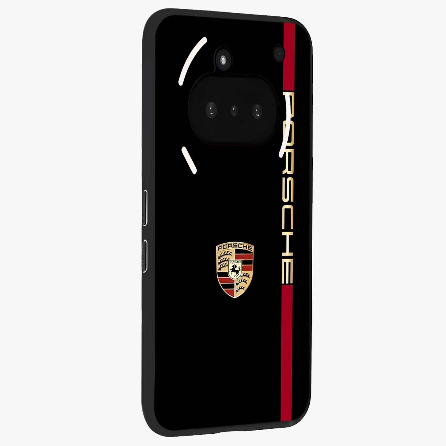 Black Minimal Porsche Glass Case upright view showcasing stylish automotive artwork with bold minimal theme.