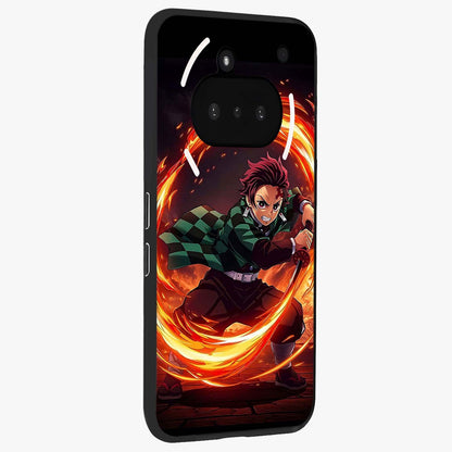Blazing Sword Resolve Glass Case upright view showcasing dramatic warrior inspired artwork with intense visual style.