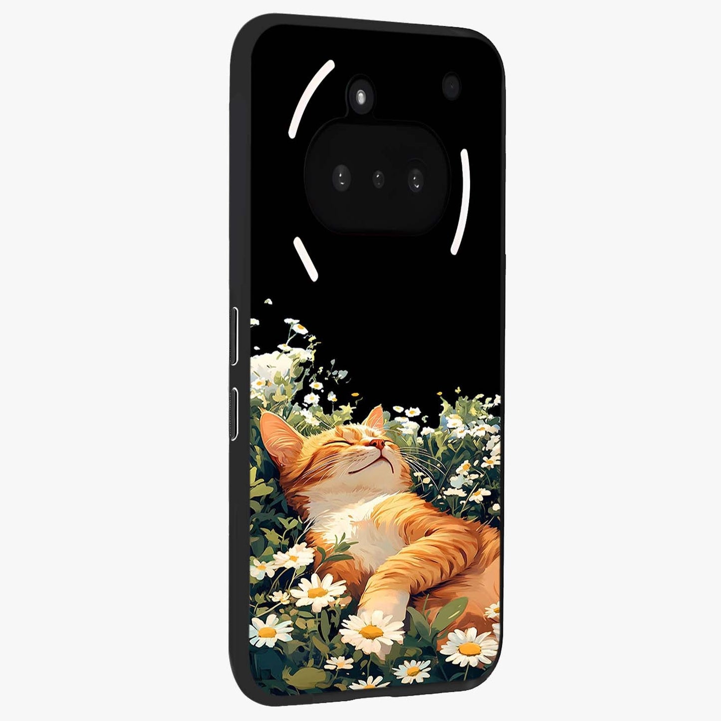 Blissful Bloom Cat Glass Case upright view showcasing charming cat design surrounded by blooming floral elements.