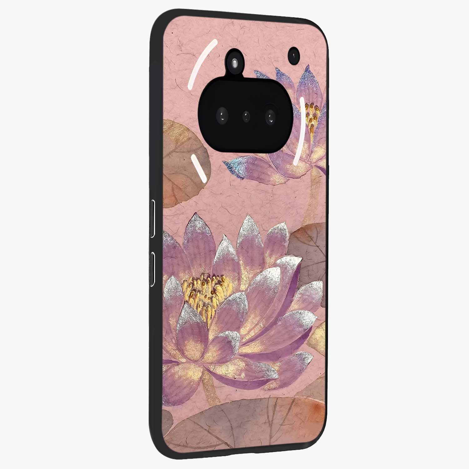 Blossom Mist Lotus Glass Case upright view showcasing graceful lotus flower design with peaceful botanical style.