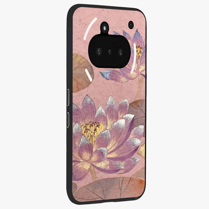 Blossom Mist Lotus Glass Case upright view showcasing graceful lotus flower design with peaceful botanical style.