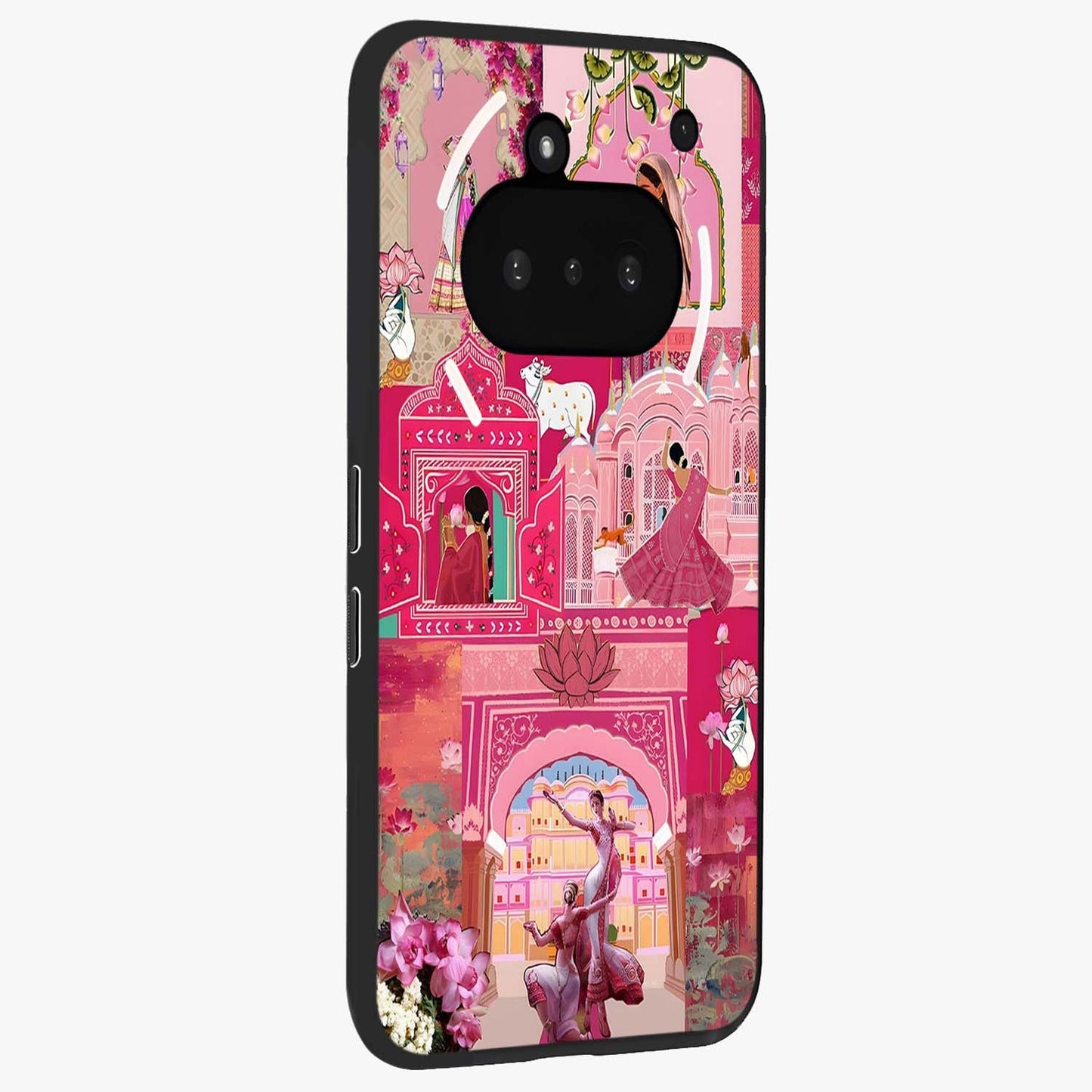 Blossoms of Rajasthan Glass Case upright view showcasing colorful floral design inspired by traditional Indian art.