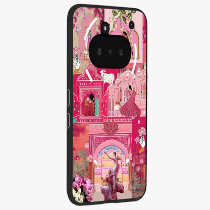 Blossoms of Rajasthan Glass Case upright view showcasing colorful floral design inspired by traditional Indian art.